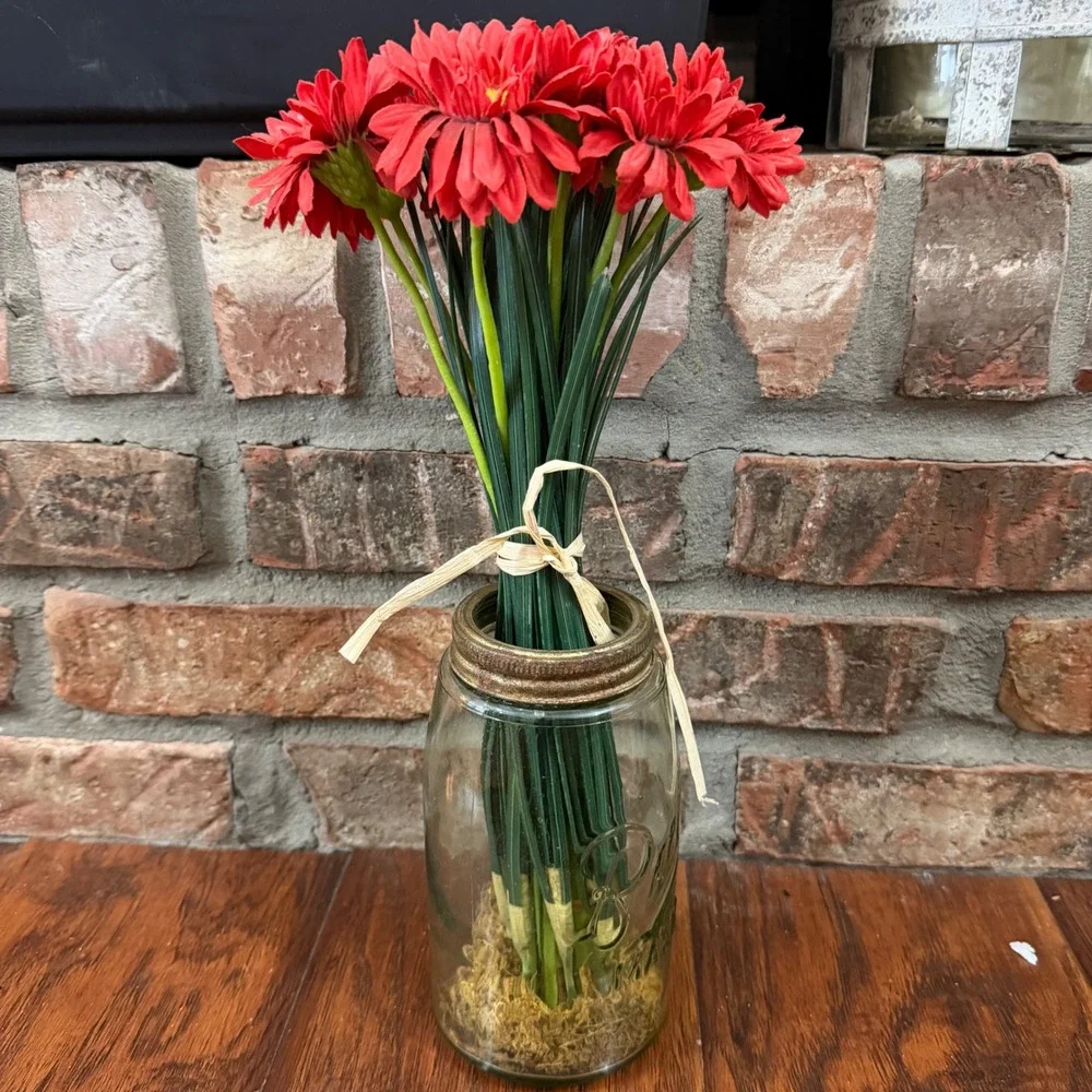 Faux Red Gerbera Daisy Floral Arrangement Vtg Glass Mason Jar Rustic Decor READ